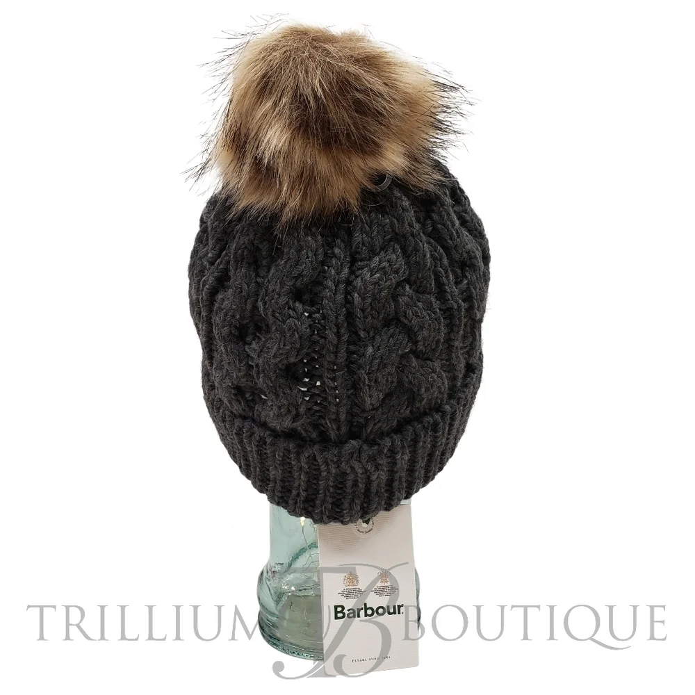 Barbour Hat Beanie Penshaw Cable-Knit Charcoal Faux Fur Pom Cottagecore Outdoor